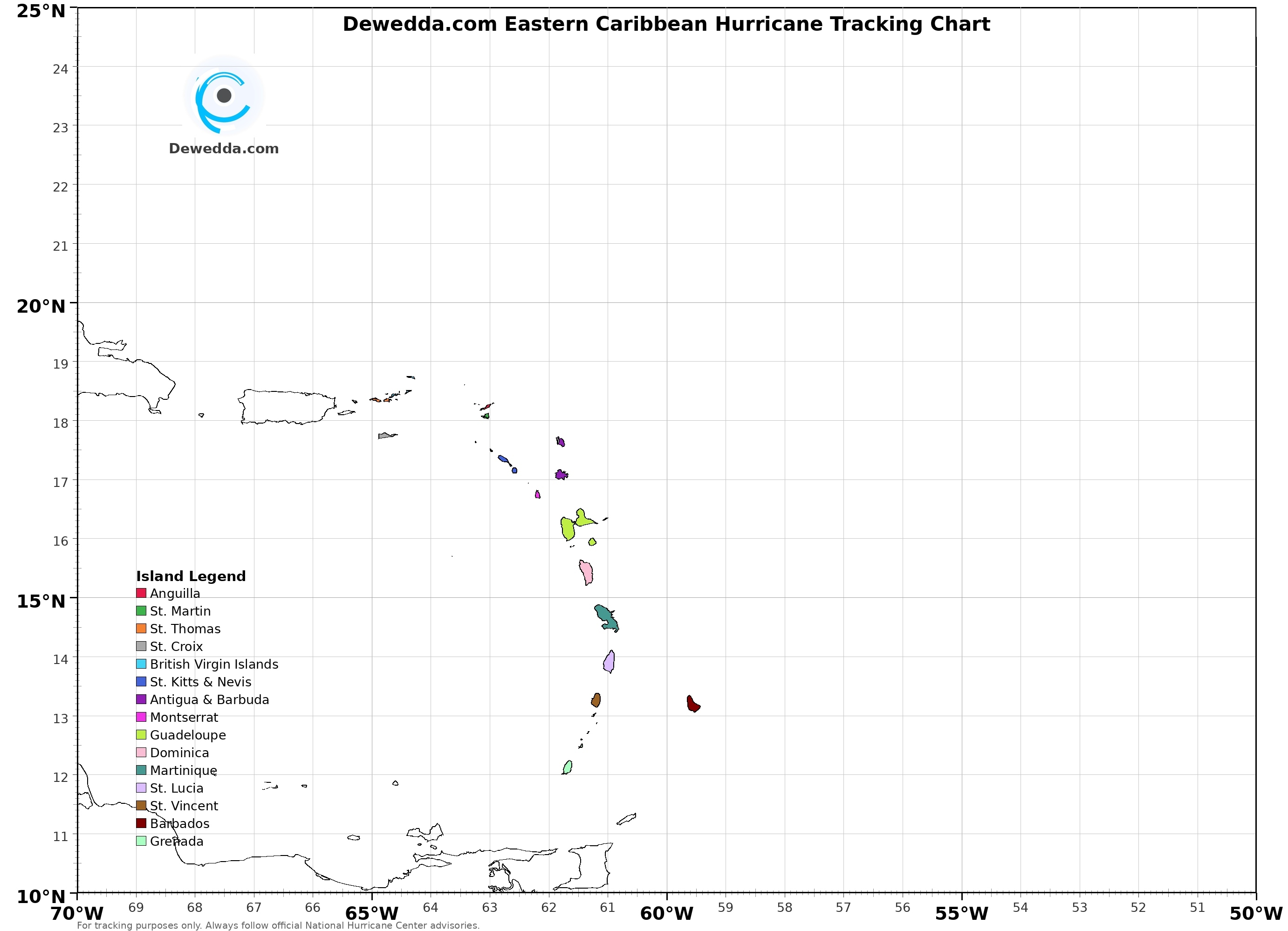 Dewedda.com Eastern Caribbean Hurricane Tracking Chart with colour-coded islands