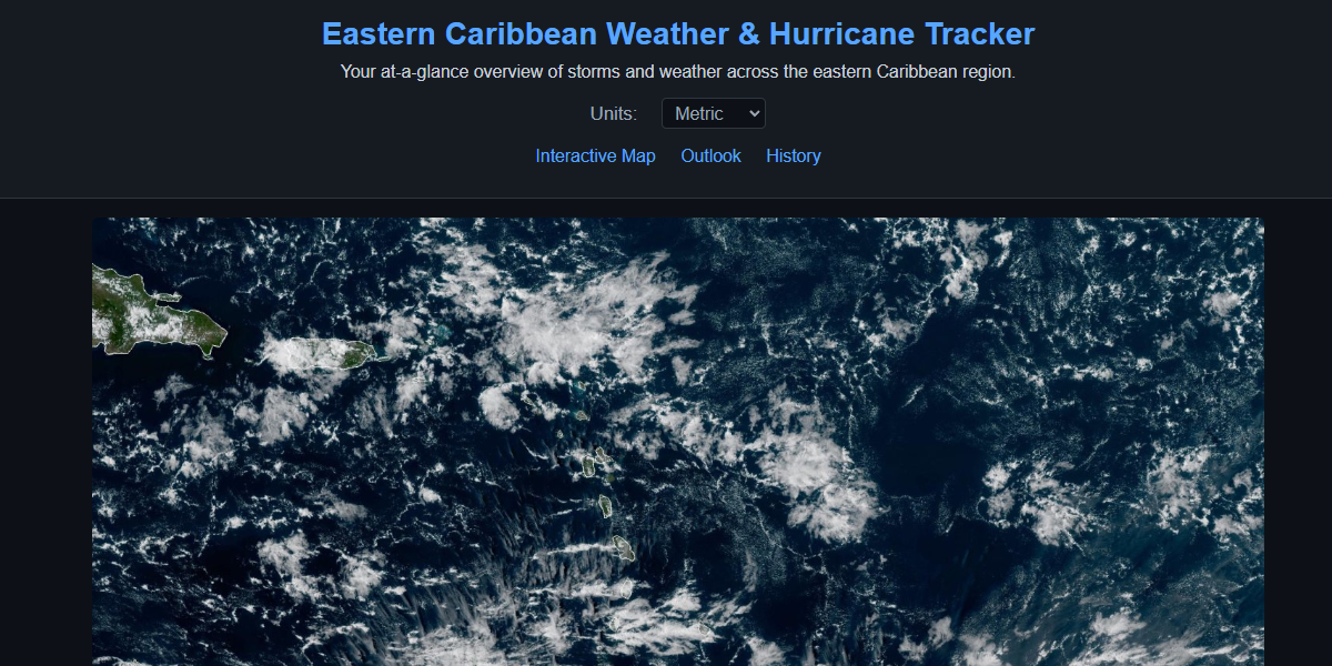 Dewedda.com v1.1.0 homepage in dark mode showing Caribbean satellite imagery with Inter font typography, metric unit selector, and Interactive Map and Outlook navigation links