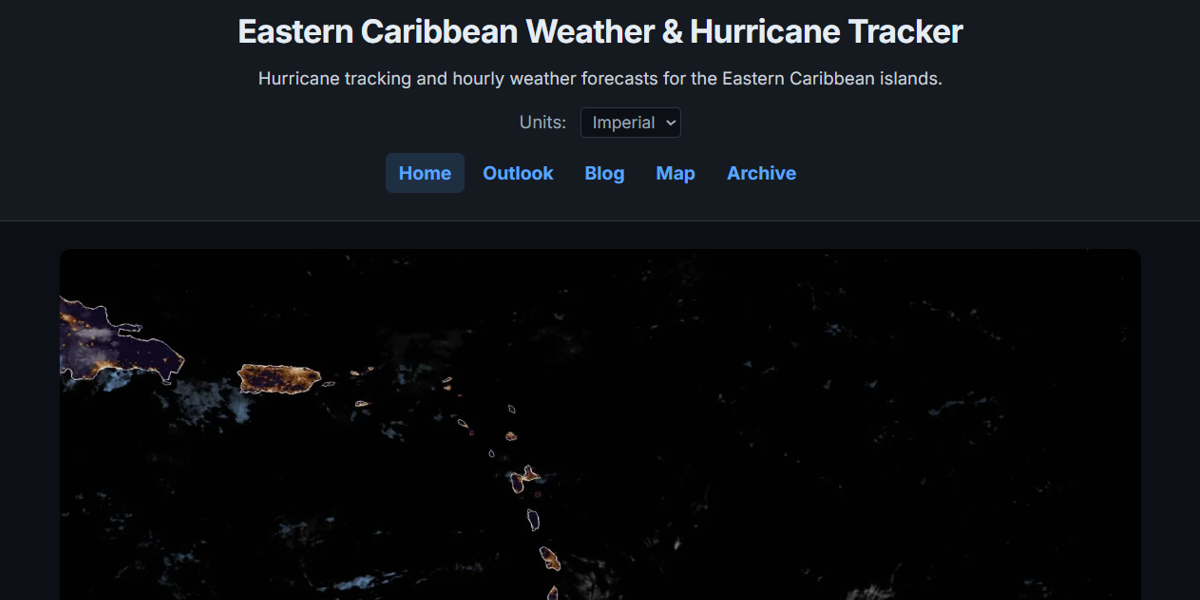 Dewedda.com v1.3.0 homepage in dark mode showing GOES-19 nighttime satellite imagery, redesigned navigation with Home, Outlook, Blog, Map, and Archive links, and metric/imperial unit toggle