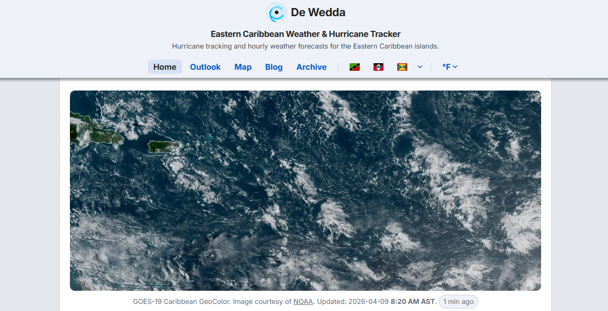 Dewedda.com v2.3.0 homepage showing GOES-19 Caribbean satellite imagery, branded header with De Wedda logo, navigation bar with favourite island flags, and AccuWeather weather data