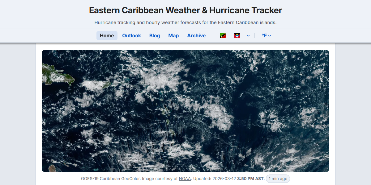 Dewedda.com v2.0.0 homepage in light mode showing GOES-19 satellite imagery, sticky navigation bar with Home, Outlook, Blog, Map, and Archive links, favourite island flags, and unit toggle