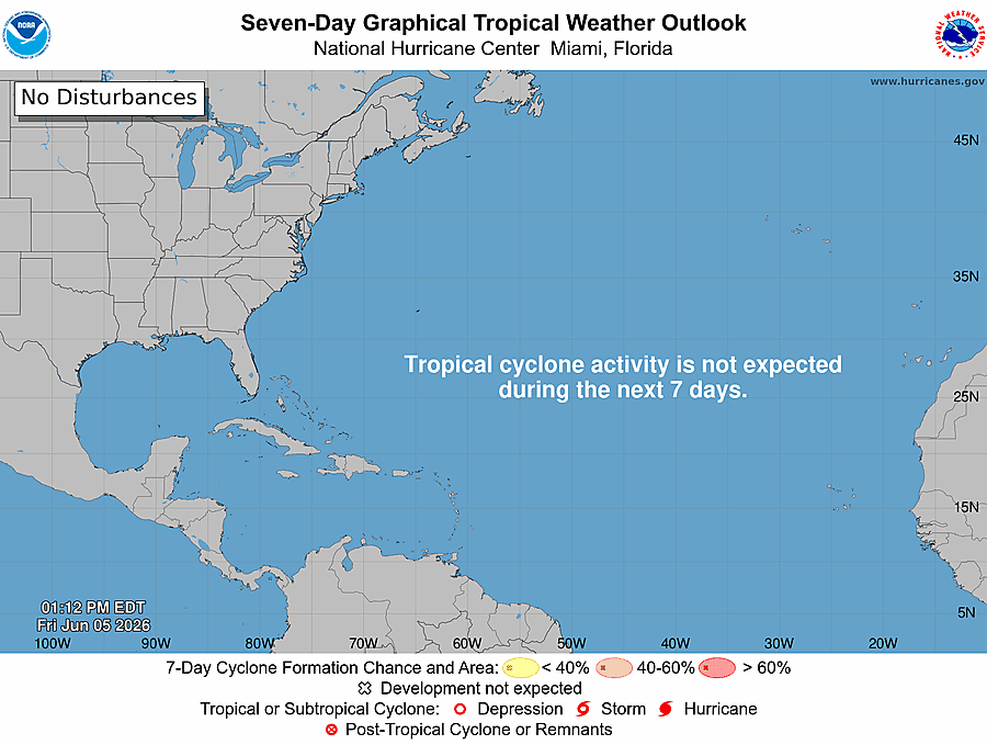 NHC Graphical Tropical Weather Outlook showing active cyclones and areas of development