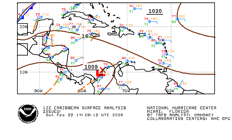Caribbean 12-hr surface analysis – NHC/TAFB forecast map