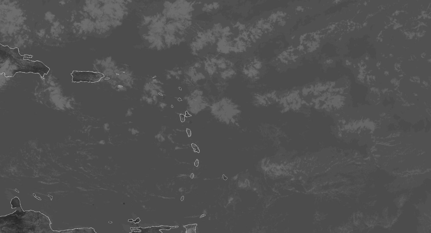 GOES-16 infrared satellite image of the Caribbean showing cloud cover and weather systems